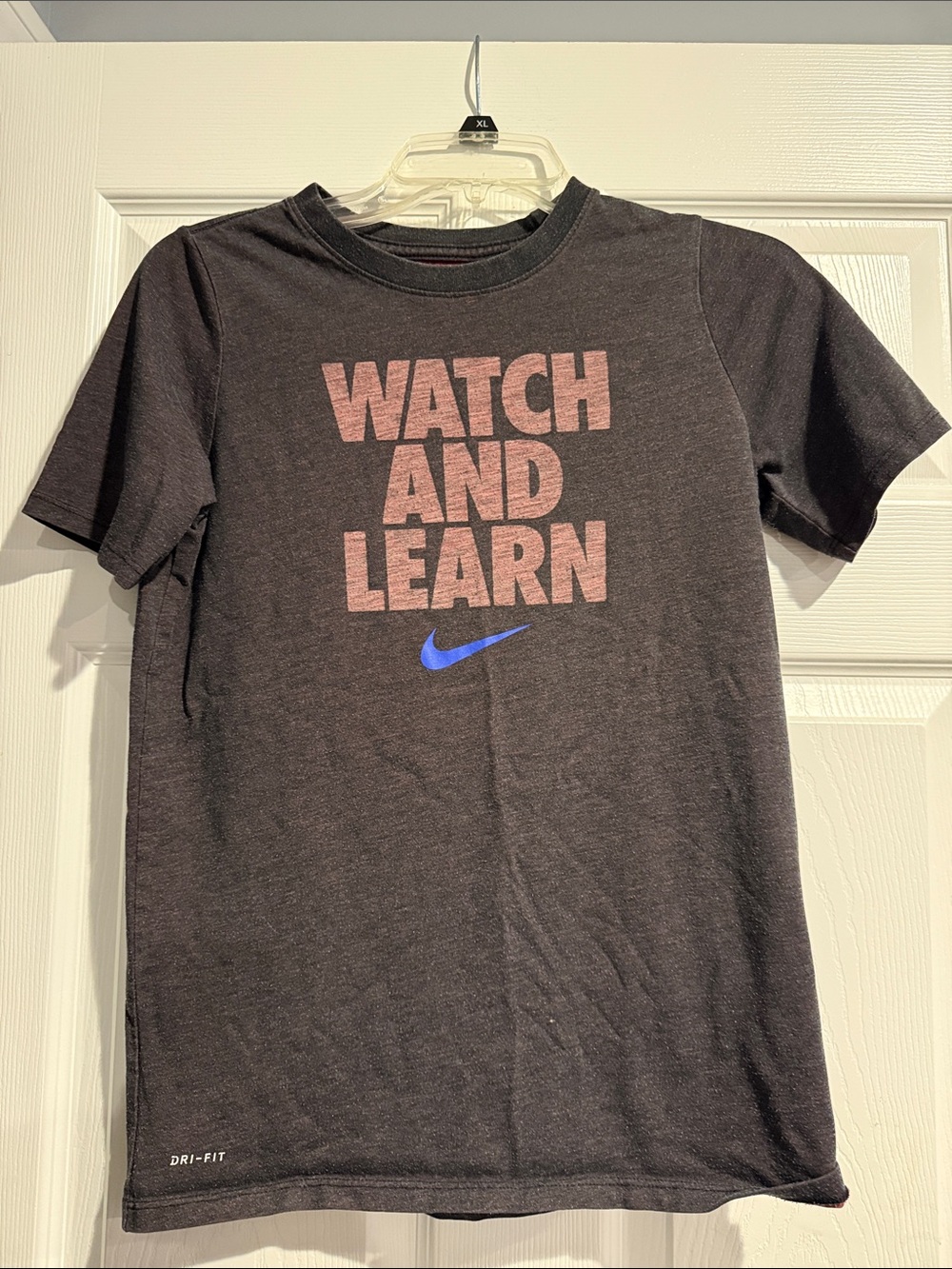 Nike Black Tee with Pink 'Watch and Learn' and Blue Swoosh